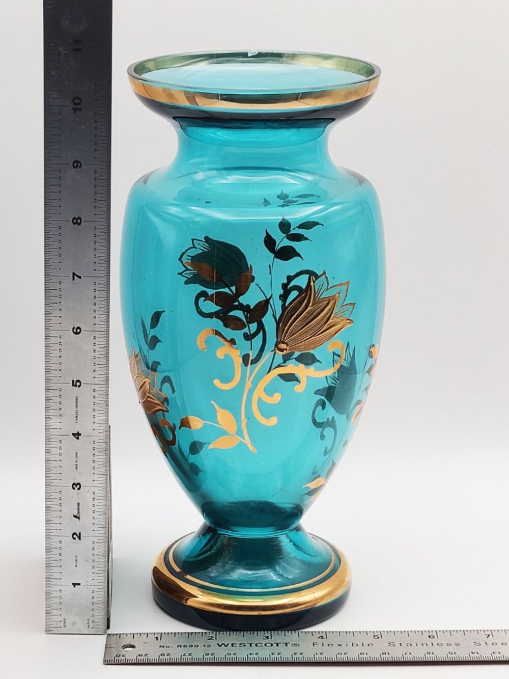 Vintage Bohemian Aqua Blue with Gold Overlay 10" Vase AS IS - Picture 11 of 11
